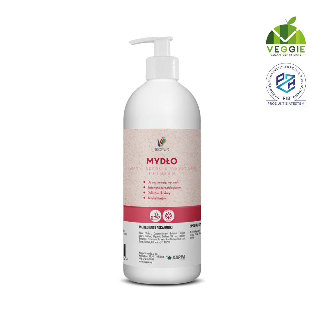 Antibakterinis rankų muilas (granatų ir goji uogų aromato) 500ml - BIOPUR